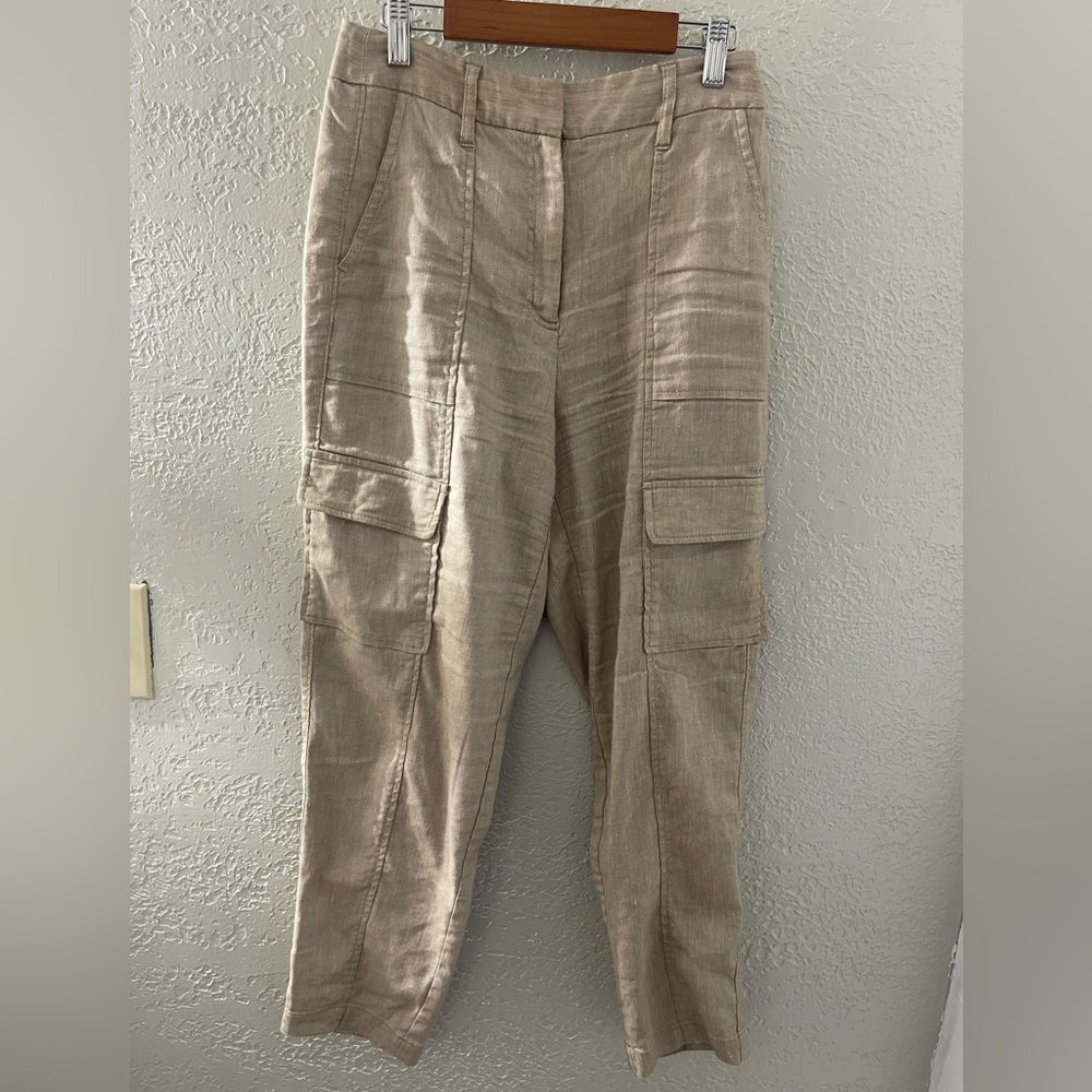 White House Black Market Women's Beige Linen Blend Cargo Utility Trouser Pants 0